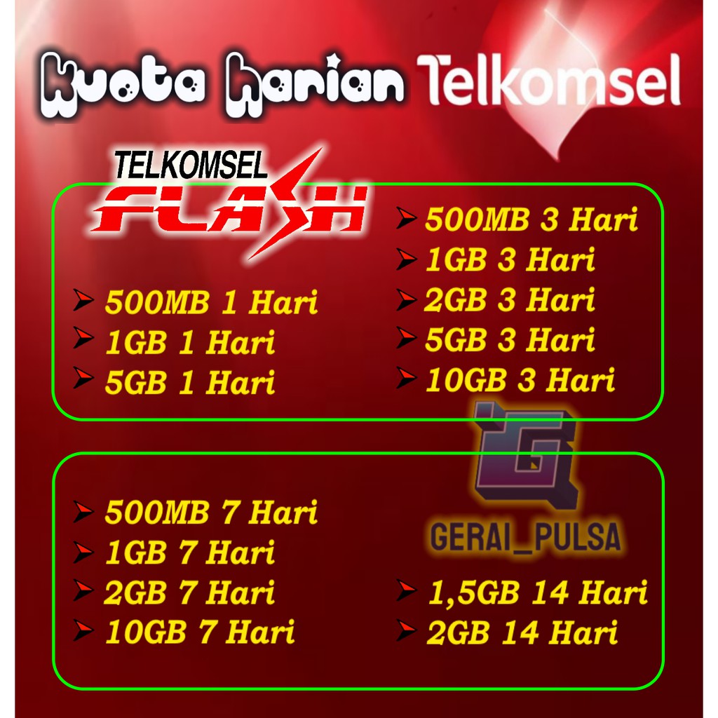 Telkomsel Flash Kuota Internet Harian MIngguan Paket Data Mini Simpati Loop As 1GB 2GB 5GB 10GB