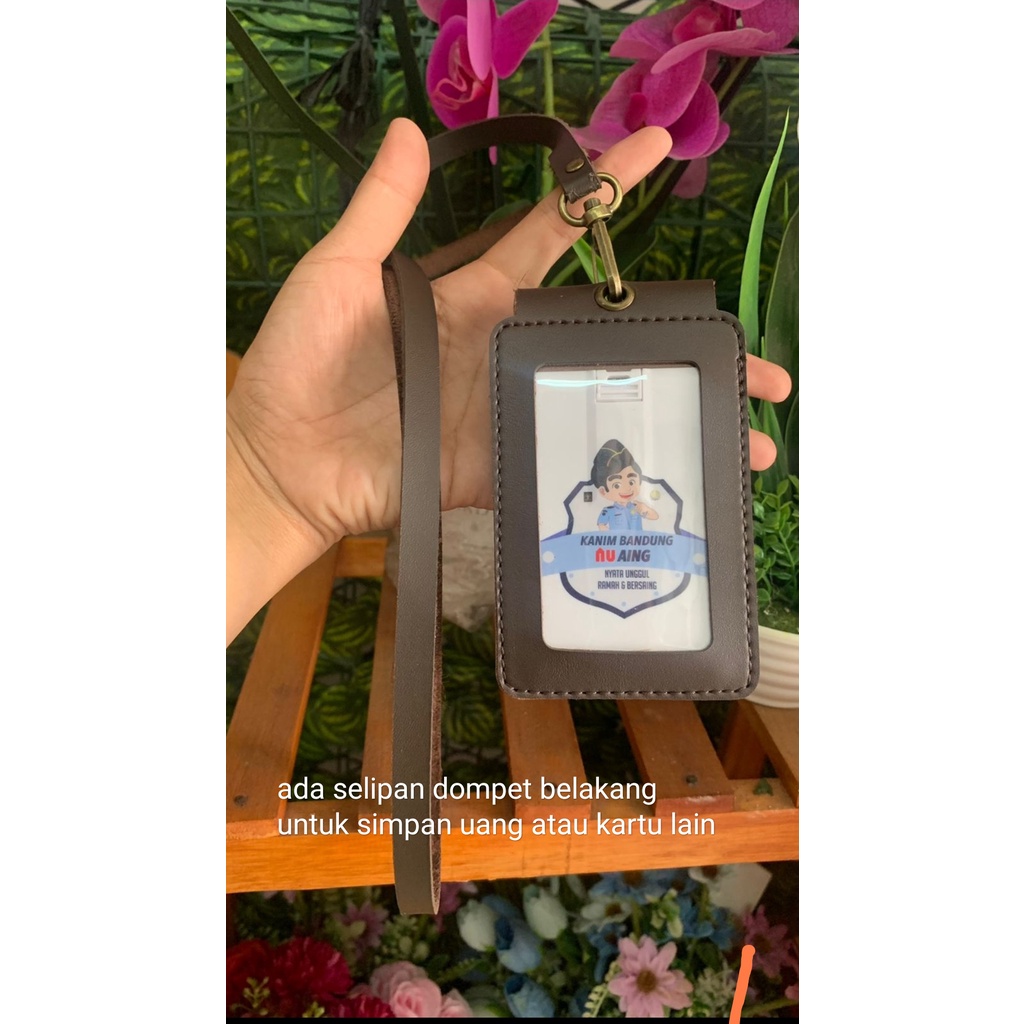 

casing id card kulit plus tali coklat tua 2 muka
