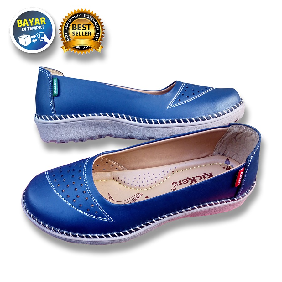 PROMO 4.4 MEGA SALE !! SEPATU WANITA DEWASA BALET KULIT SAPI ASLI NAVY ANTI LICIN / SAKIPO