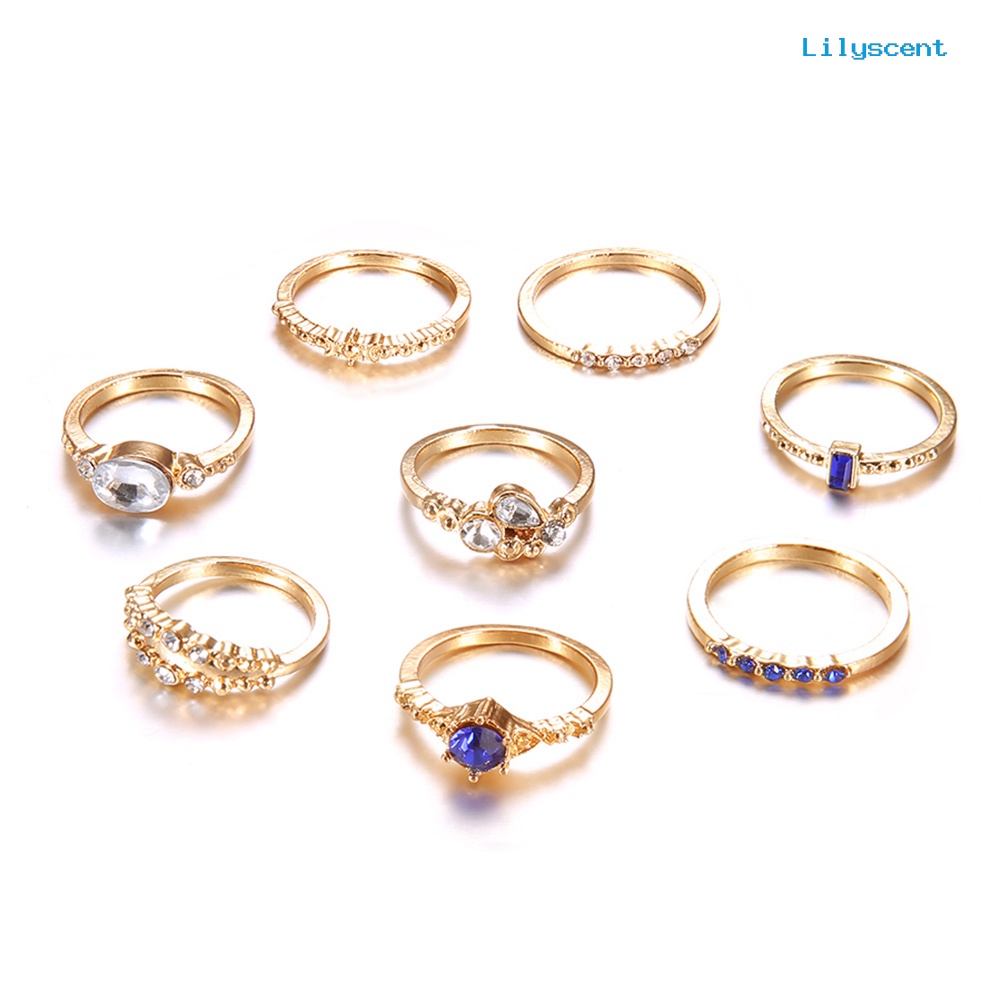 8pcs / Set Cincin Knuckle Midi Slim Stacking Aksen Berlian Imitasi Untuk Wanita