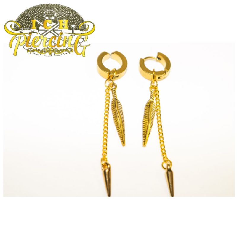 Anting Tindik dan Jepit ala Korea warna Gold / Anting gantung model daun lurus rantai jarum Gold