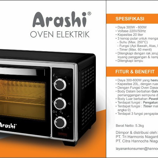 oven listrik low watt 20L Bergaransi Arashi M20A