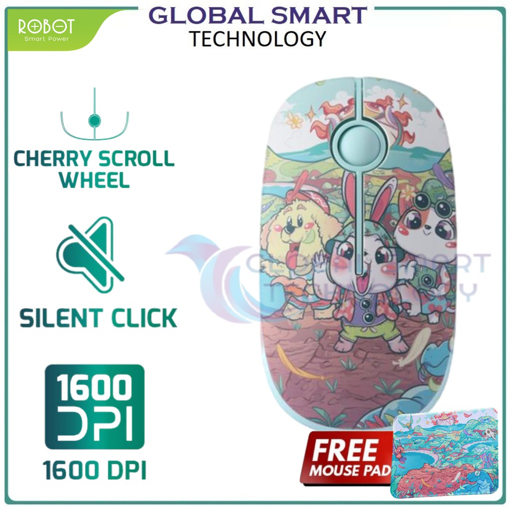 ROBOT M330 Mouse Wireless 2.4GHz Silent Click 1600DPI Character Free Mousepad - Garansi 1 Tahun