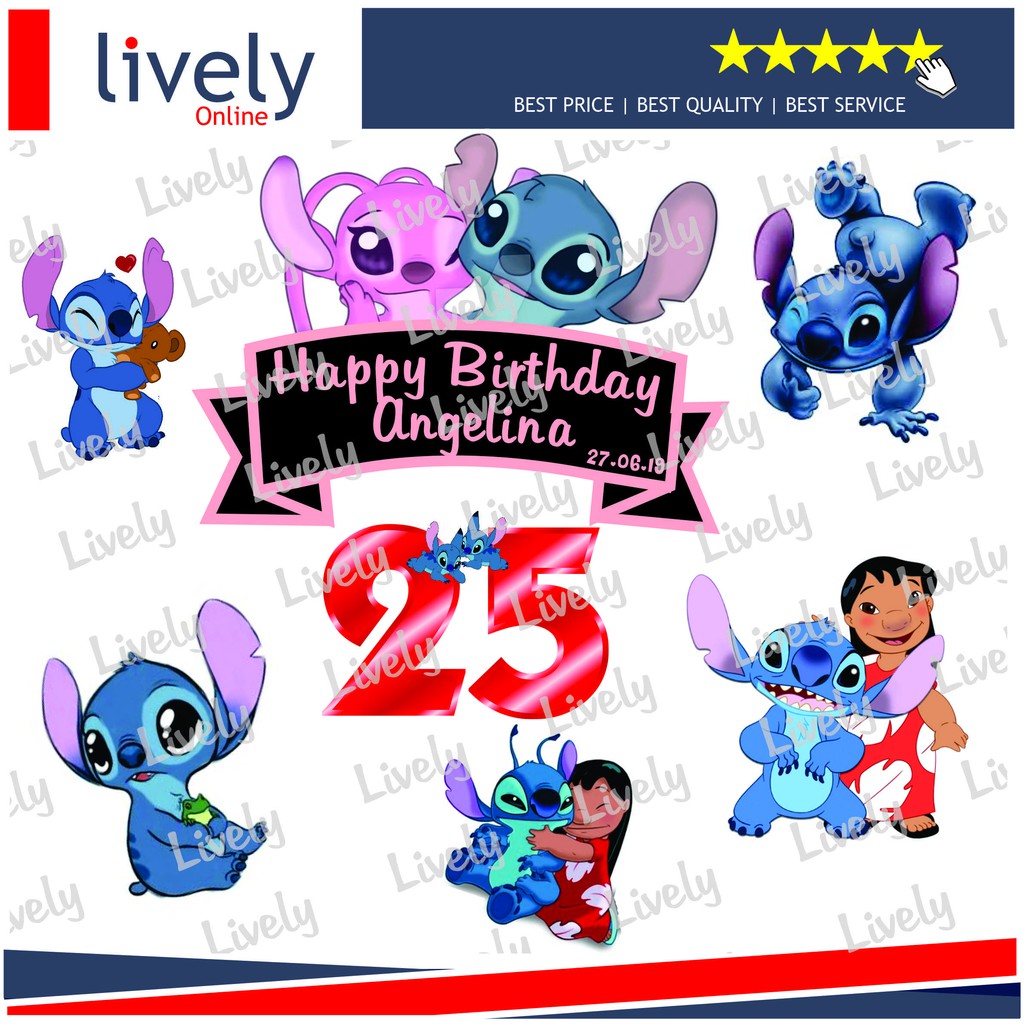 CAKE TOPPER KARAKTER HIASAN KUE ULANG TAHUN HAPPY BIRTHDAY CUSTOM NAMA LILO N STITCH set