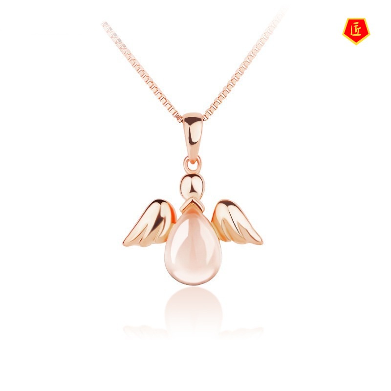 [Ready Stock]Korean Angel Necklace Rose Gold Pink Crystal Women's Pendant Sweet Elegant