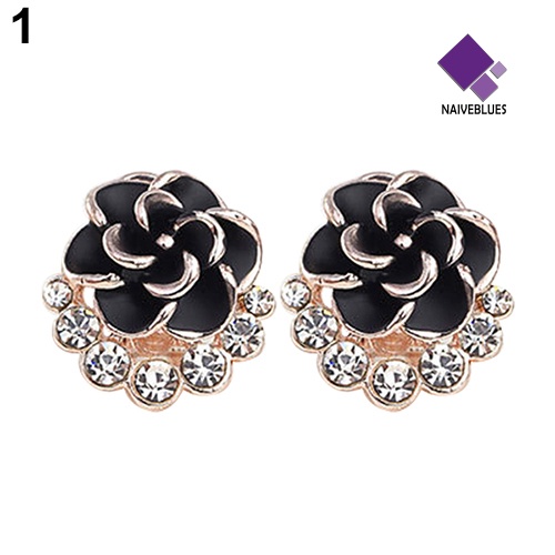 Anting Stud Bentuk Bunga Peony Camellia Bahan Alloy Aksen Berlian Imitasi Untuk Wanita