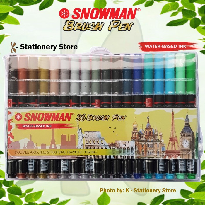 kaligrafi-perlengkapan- snowman brush pen set – 36 colours -perlengkapan-kaligrafi.