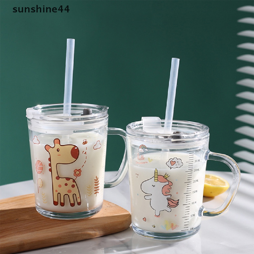 Sunshine Gelas / Mug Kaca Motif Kartun Lucu Dengan Tutup + Sedotan Untuk Susu