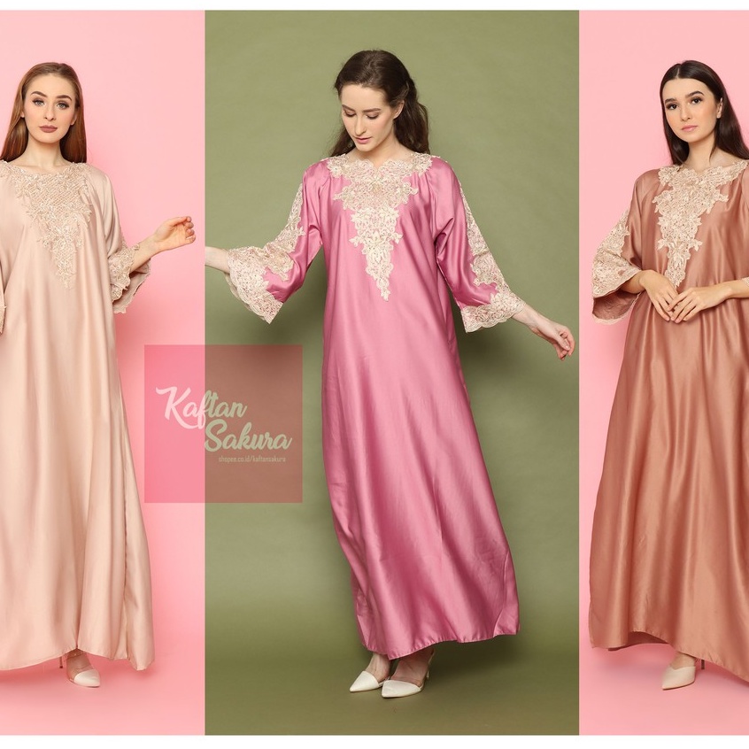 Kaftan Wanita Bordir Pesta Warna Hitam Putih Pink Bahan Satin Modern Cantik Murah Terbaru Grab Gojek