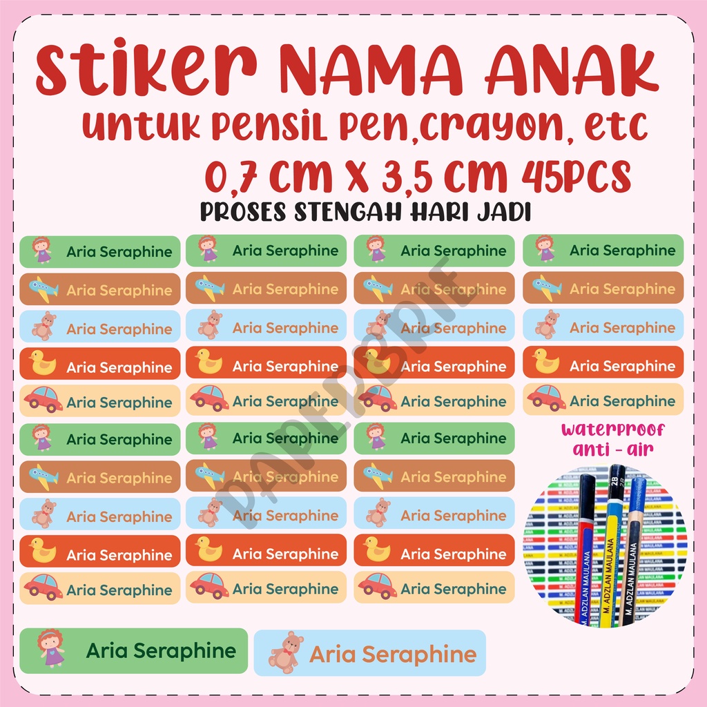 Sticker Label Nama Anak pen pensil crayon BONEKA lucu stiker anak