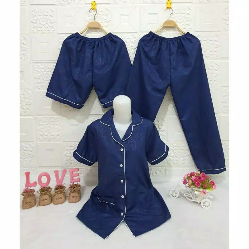 Baju Tidur Piyama Wanita Cewek Pajamas Dewasa Katun Motif Embos 3 in 1-3 IN 1 EMBOS NAVY