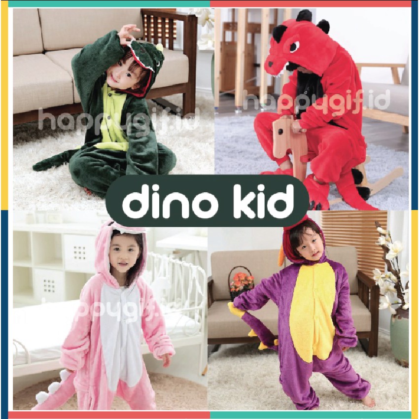 ONESIE PIYAMA KOSTUM ANAK - DINO GREEN PINK RED KID