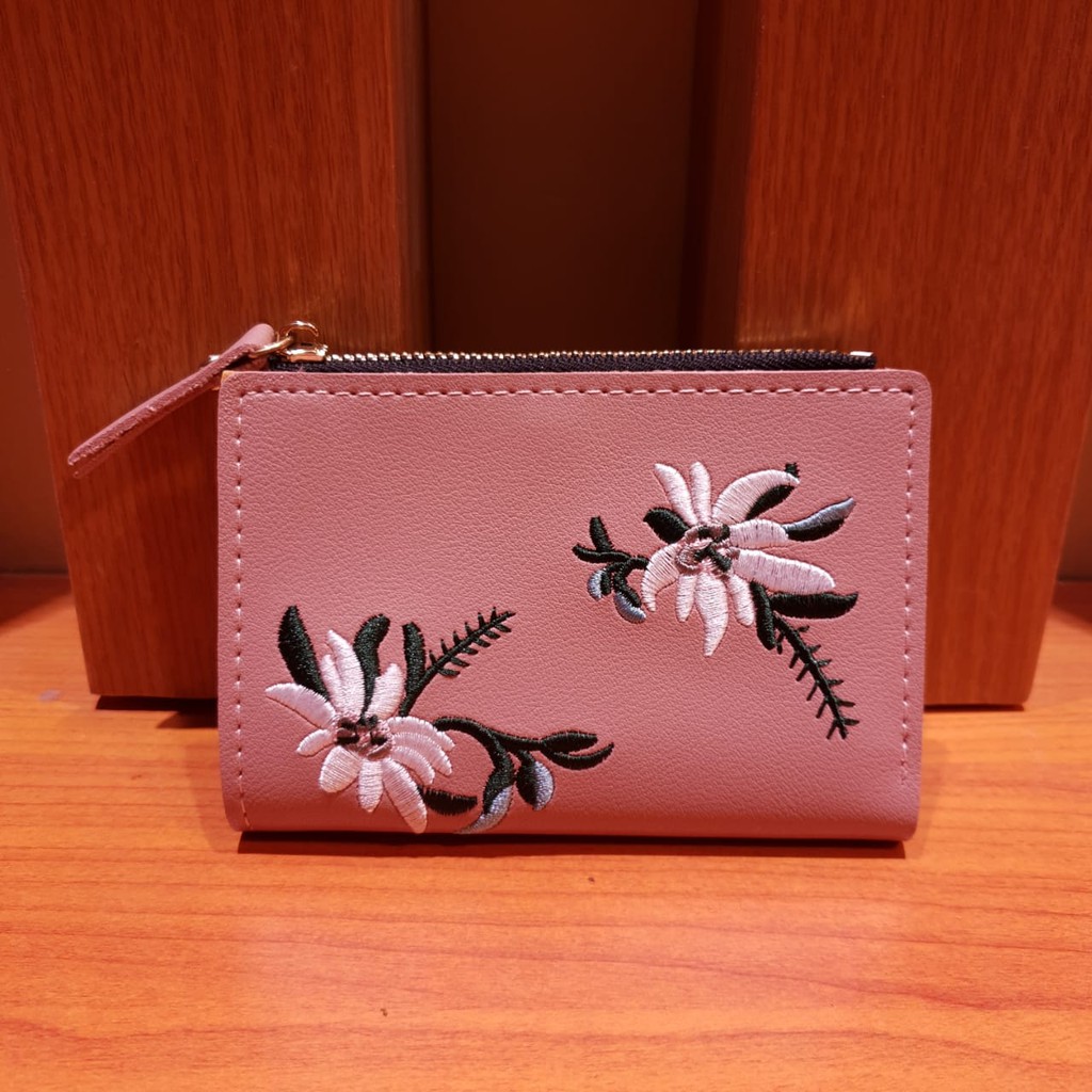 DOMPET WANITA KULIT JEUX WA017P3 KOREA ABG PINK FASHION BATAM WALLET MOTIF BUNGA BORDIR IMPORT MURAH