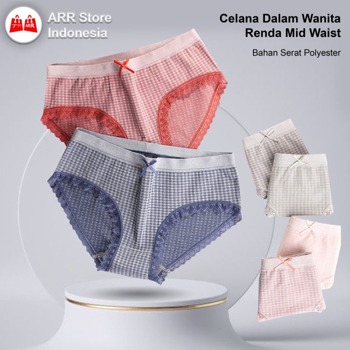 Celana Dalam Seamless Wanita Japanese Mid Waist Renda Motif Kotak