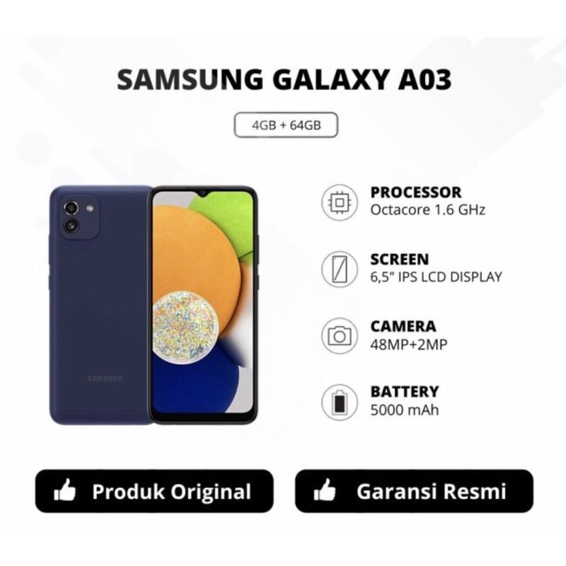 SAMSUNG GALAXI A03 RAM 4/64GB 100% BARU SEGEL [NO REPACK] GARANSI RESMI