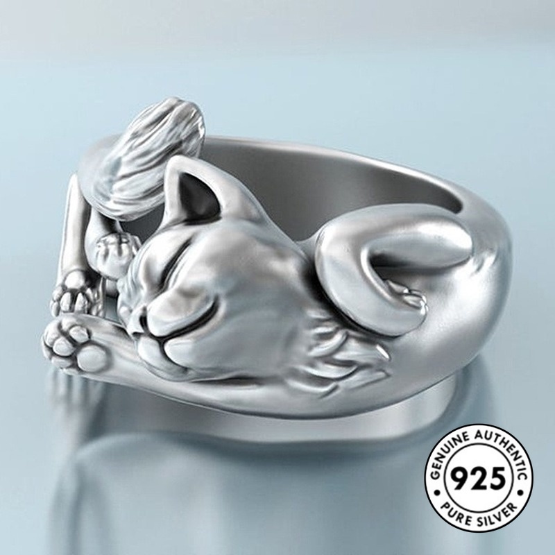 Cincin Model Terbuka Desain Kucing Bahan S925 Silver