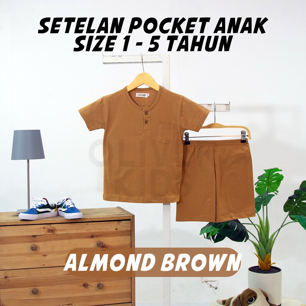OliverKids Setelan Anak 1-5 Tahun Setelan Kiano Pocket Anak Celana Jogger Dan Baju Anak Polos Katun Combed One Set Henley Tee Setelan Pantai Anak-pocket almond brown