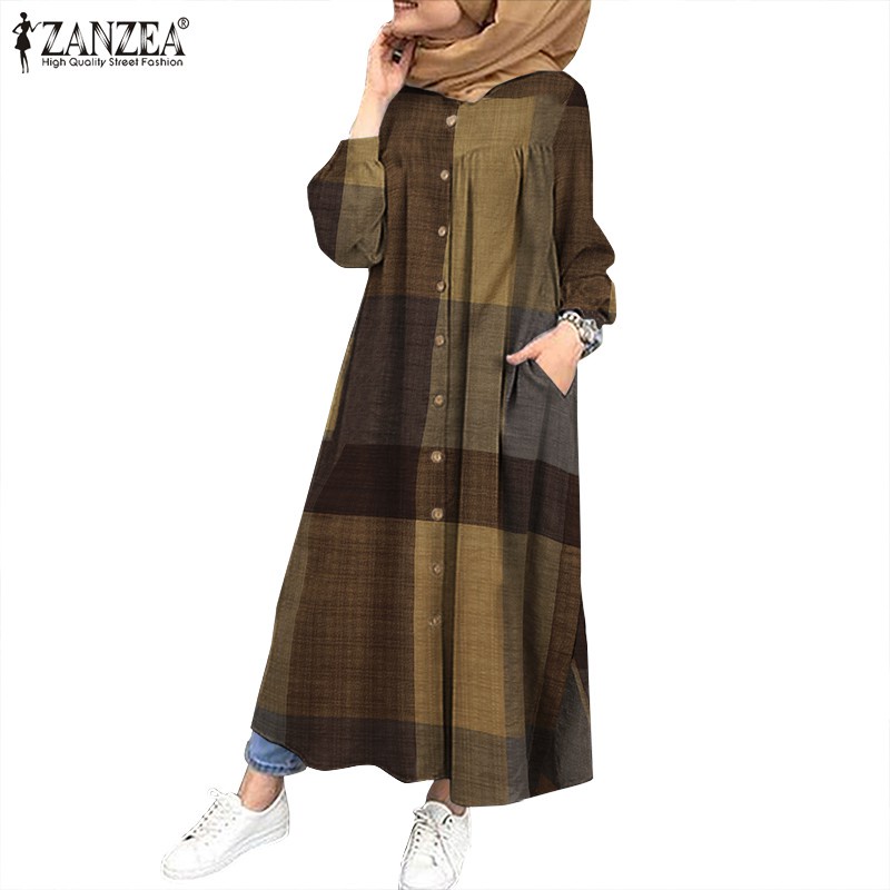 ZANZEA Women Muslim Long Sleeve Plaid Printed Casual Long Dress