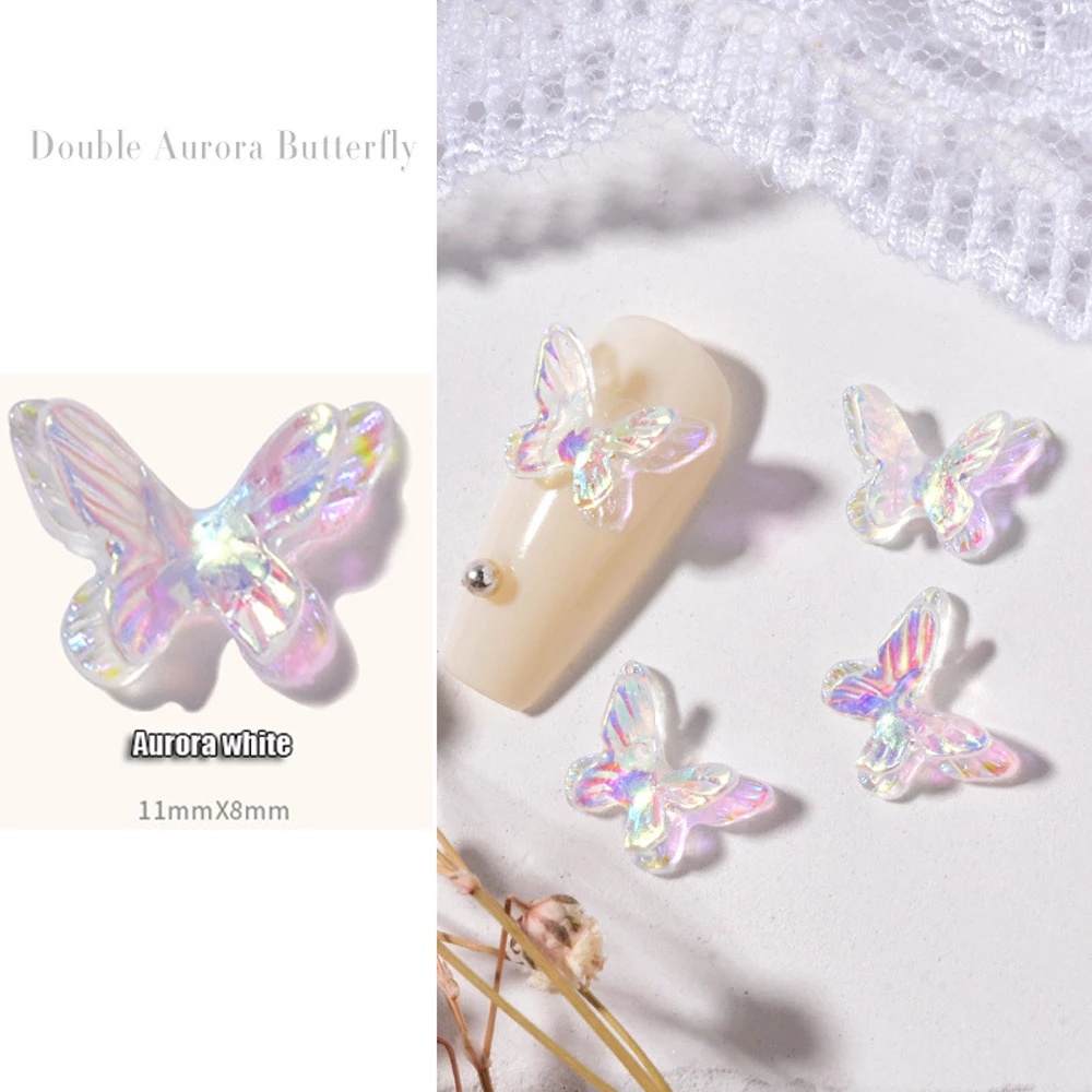 10pcs / set Stiker Kupu-Kupu 3D Aurora Glitter Warna-Warni Untuk Dekorasi Nail Art