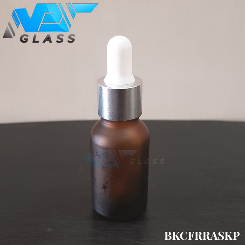 botol kaca pipet 15ml coklat amber doff / frosted - ring almunium silver