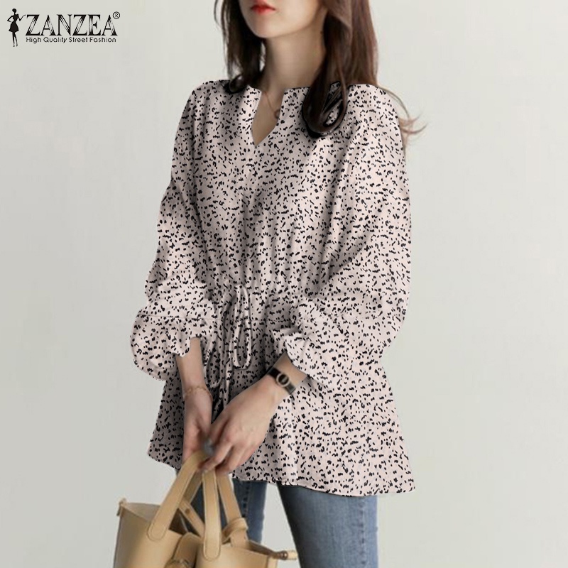 ZANZEA Fashion Women Shirt V Neck Drawstring Waist Printed Full Sleeve Casual Loose Blouse