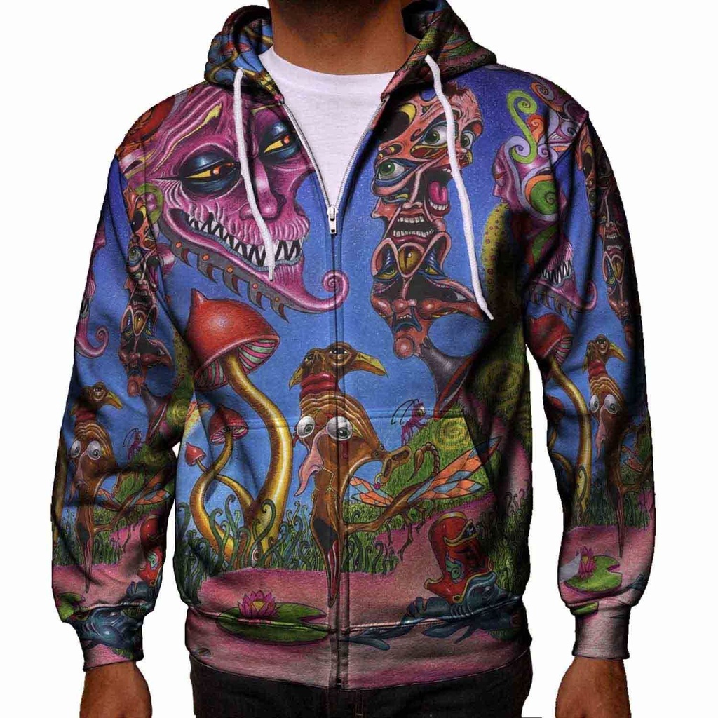 Jaket Hoodie Zipper Fullprint Magic Mushroom Ayahuasca Trippy Psychedelic Hallucinogen Bahan Polyest