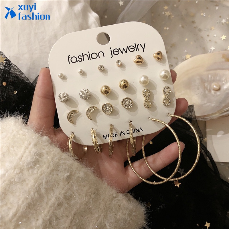 24pcs / Set Anting Stud Hias Kristal Mutiara Gaya Korea Untuk Wanita