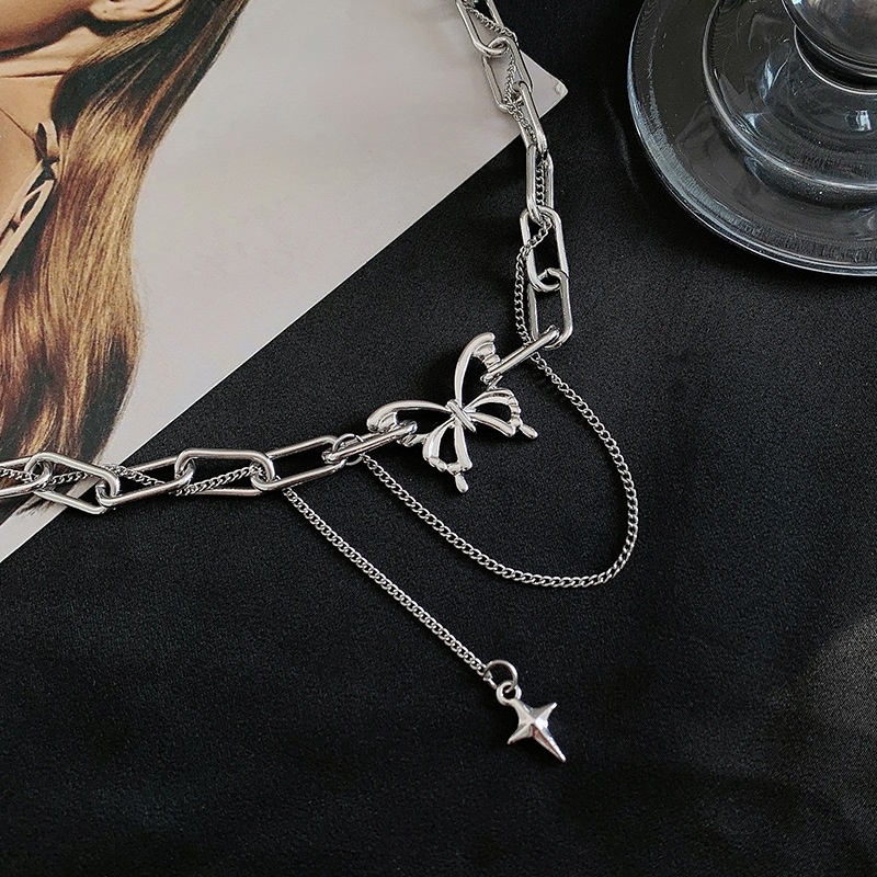 Kalung Kupu-kupu Jahitan Rantai Ganda Gaya Punk Versi Korea Dari Rantai Klavikula Rumbai Angin Dingin Aksesoris Fashion Wanita