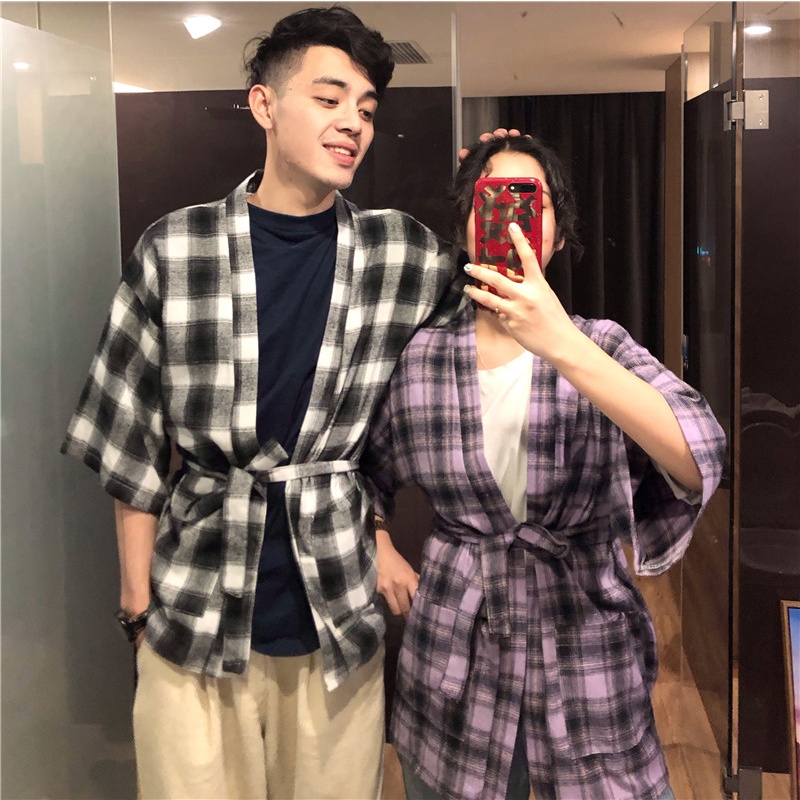 Kain Katun Baju Couple Fashion Cardigan Kimono Wanita Jepang Harajuku Kimono Pria Ungu Pakaian 2023