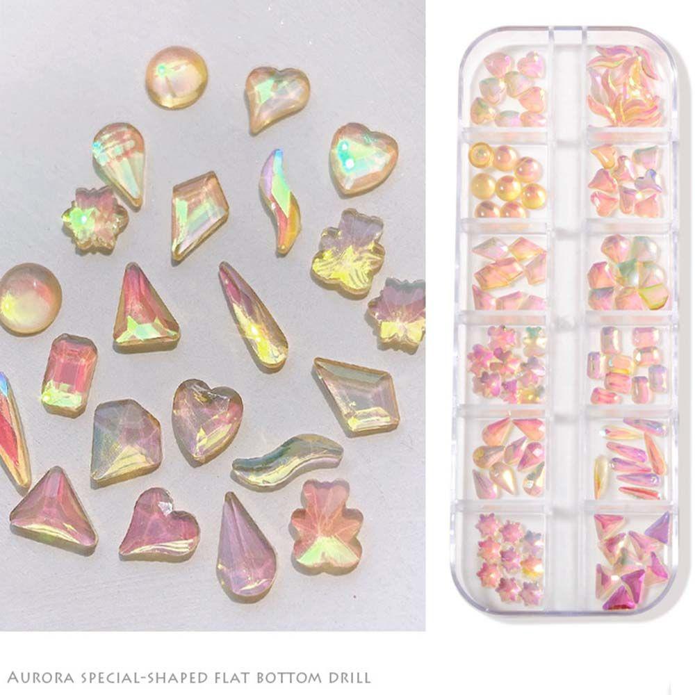 Mxbeauty Perhiasan Kuku Kristal 12kisi Fashion Hati Gaya Jepang Bulat Bentuk Tidak Teratur Aurora Aksesoris Kuku