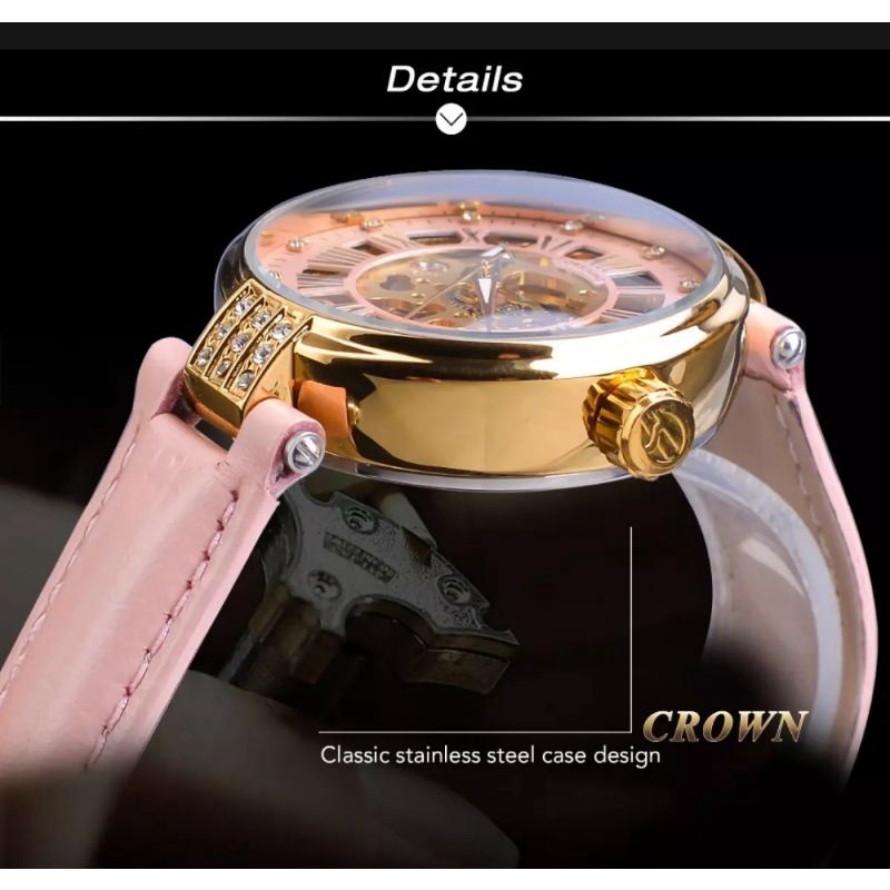 Jam Tangan Wanita Automatic Original Luxury Golden Diamond Series Forsining Strap Kulit