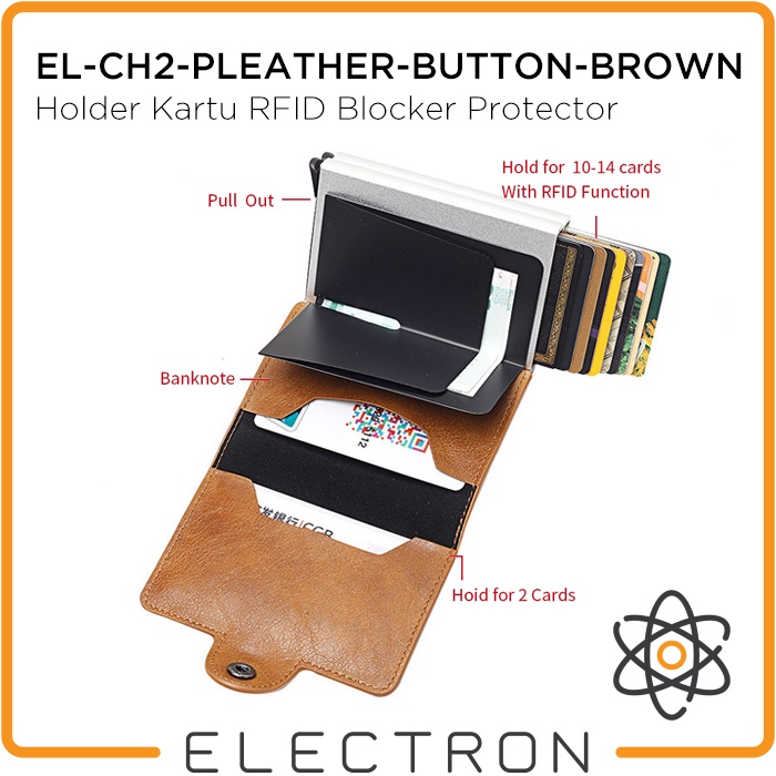 EL-CH2-PLEATHER-BUTTON-BROWN Card Holder Kartu RFID Blocker Protector