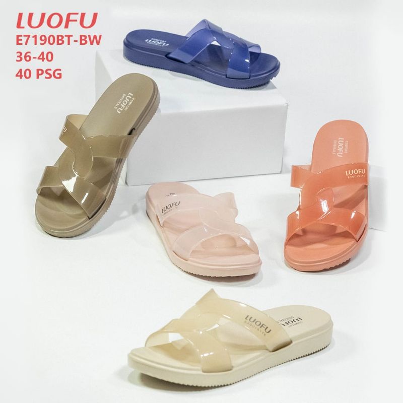 SENDAL KARET SLOP SILANG TRANSPARAN/BENING LUOFU E7190BT,SENDAL JELLY WANITA LUOFU TERBARU NYAMAN, WEDGES  KARET WANITA