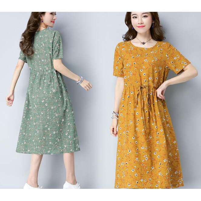 Dress Midi Model A-Line Lengan Flare Motif Print Bunga Gaya Korea untuk Wanita