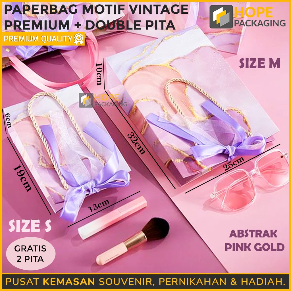 Paper Bag Motif Vintage Premium + Double Pita Warna Hijau / Pink / paperbag Ungu Motif Bunga peony Abstrak Pink Gold