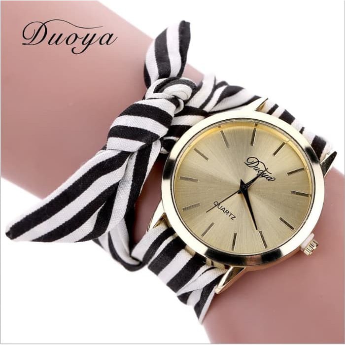 Jam Tangan Strap Kain Pita Quartz Casual Motif Garis Warna Emas FAS215 - Hitam putih