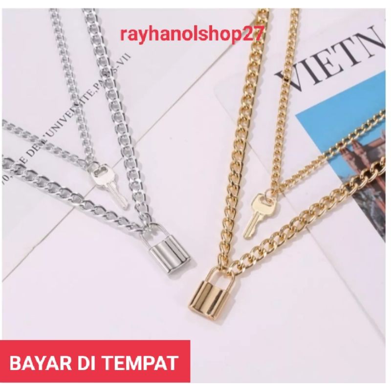 KALUNG RANTAI GEMBOK KONCI MEWAH LAPIS EMAS WARNA GOLD DAN SILVER