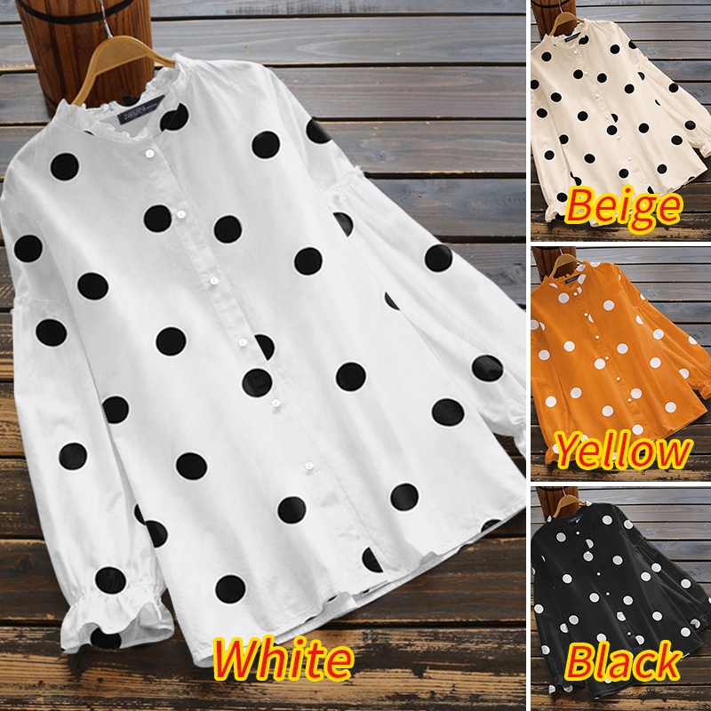 ZANZEA Women Casual Fashion Puff Sleeved Polka Dots Oversized Clubbing Blouse Loose Tops Shirts