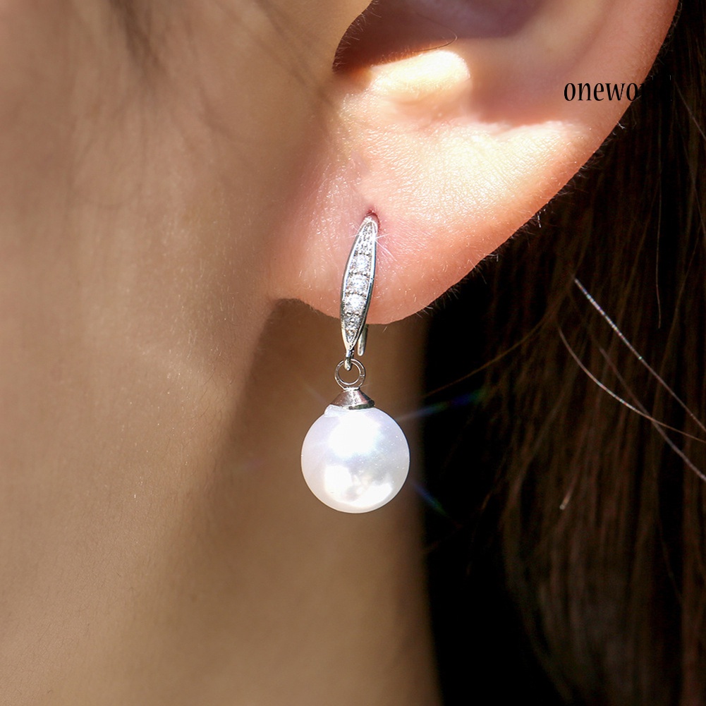 OW# Elegant Women Rhinestone Inlaid Faux Pearl Dangle Hook Earrings Jewelry Gift