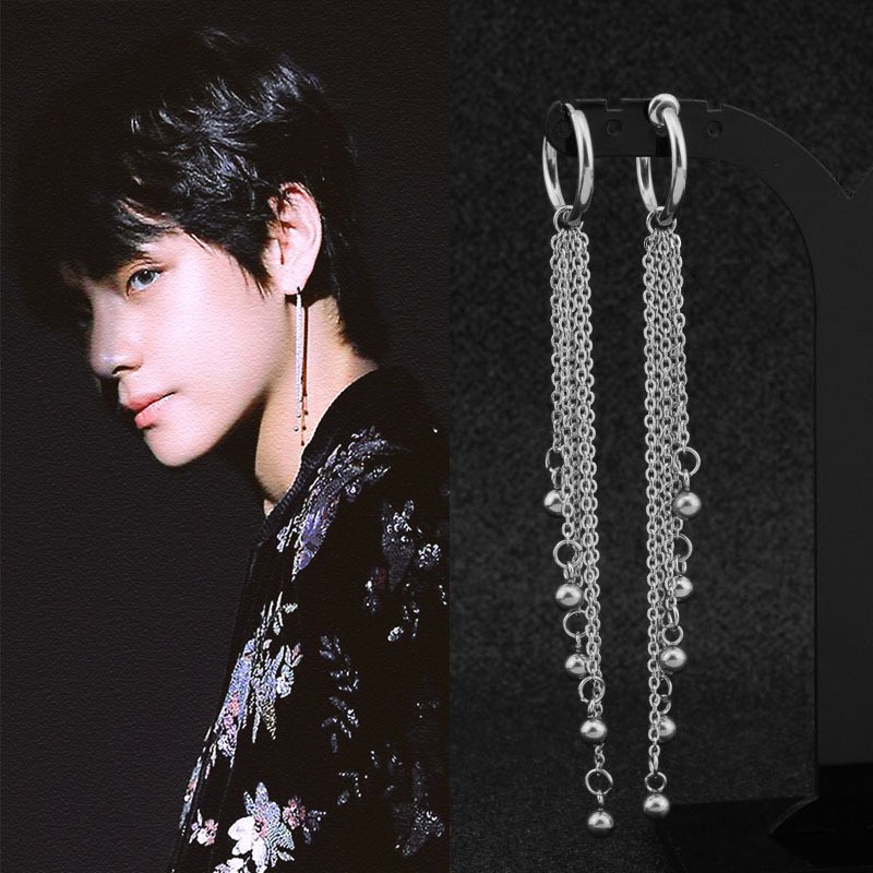 [Bayar Di Tempat]1 Pc BTS Long Fringed beads Earring Kim Tae Hyung Ear Clip Earring