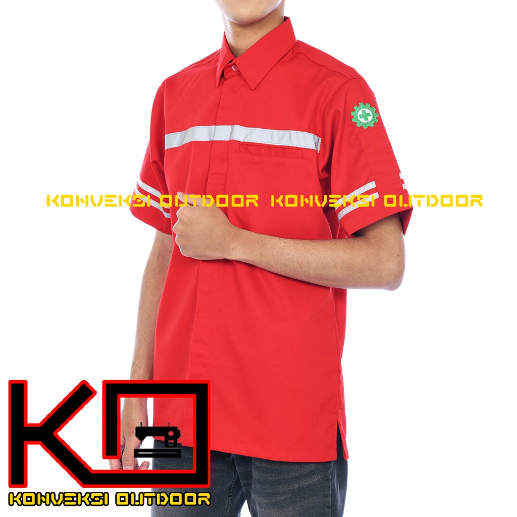 KEMEJA WEARPACK BAJU SAFETY K3 OUTDOOR INDOOR - Seragam Kemeja Kerja Lapangan Lengan Pendek Proyek Bangunan Tambang Alat Berat PLN Enginer Instalasi Mesin werpek sefti Scotlit Warna Merah Konveksi Outdoor