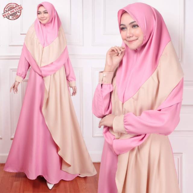 GAMIS SYARI MURAH MAXI 2in1 CAROLINE COMBI PINK