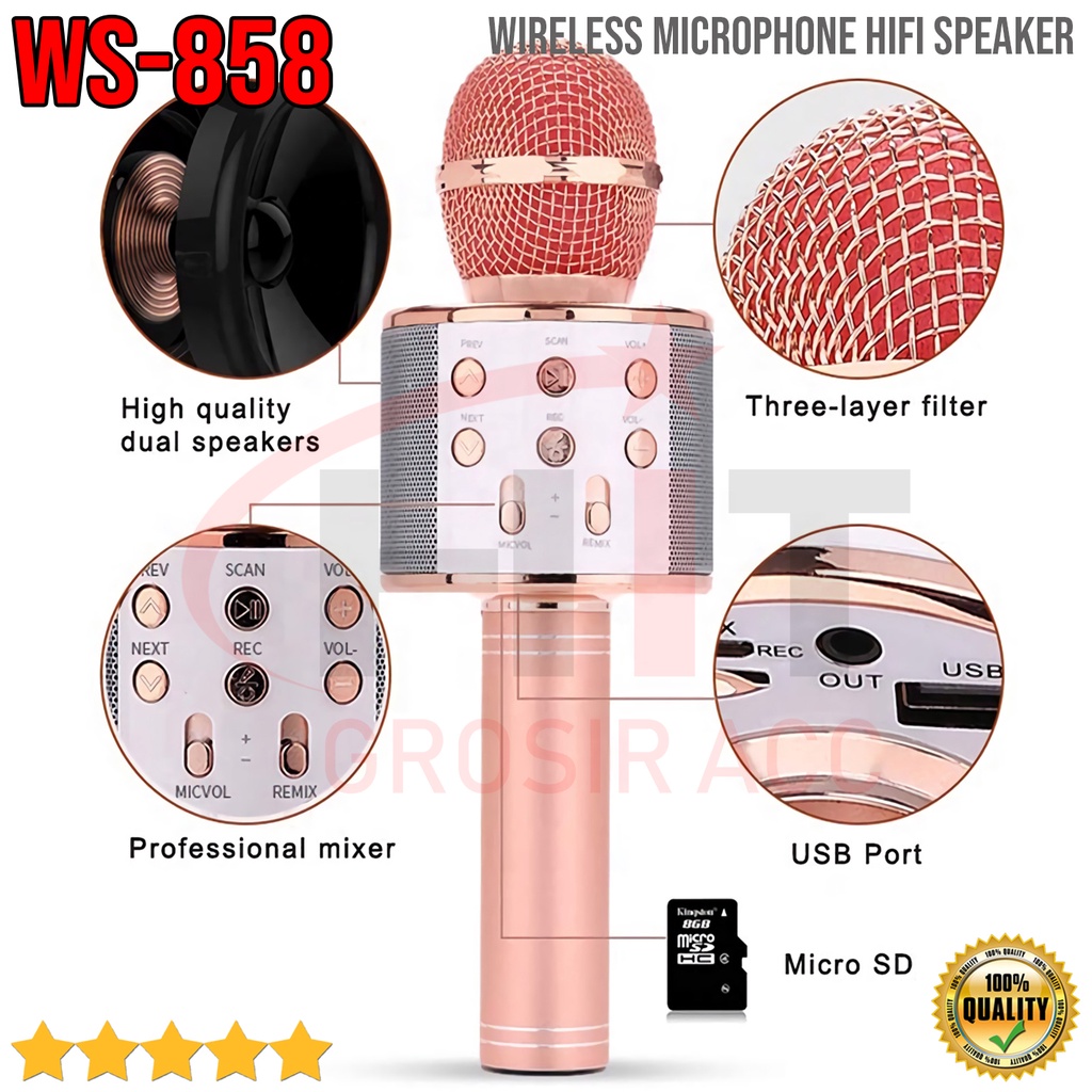 Speaker Microphone Karaoke Mikrofon Wireless Bluetooth WSTER WS-858 Mic Smule