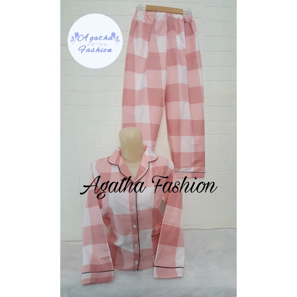Baju Tidur Cewek Lengan Panjang Dan Lengan Pendek Motif Kotak Piyama Wanita Kekinian Pajamas Dewasa-PP NONA PINK XL