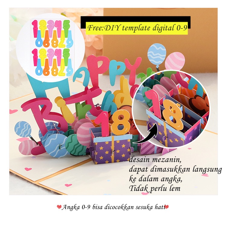 new!!Livi Kartu Ucapan Pop Up 3D ada lampu dan musik Tulisan Happy Birthday dengan Amplop