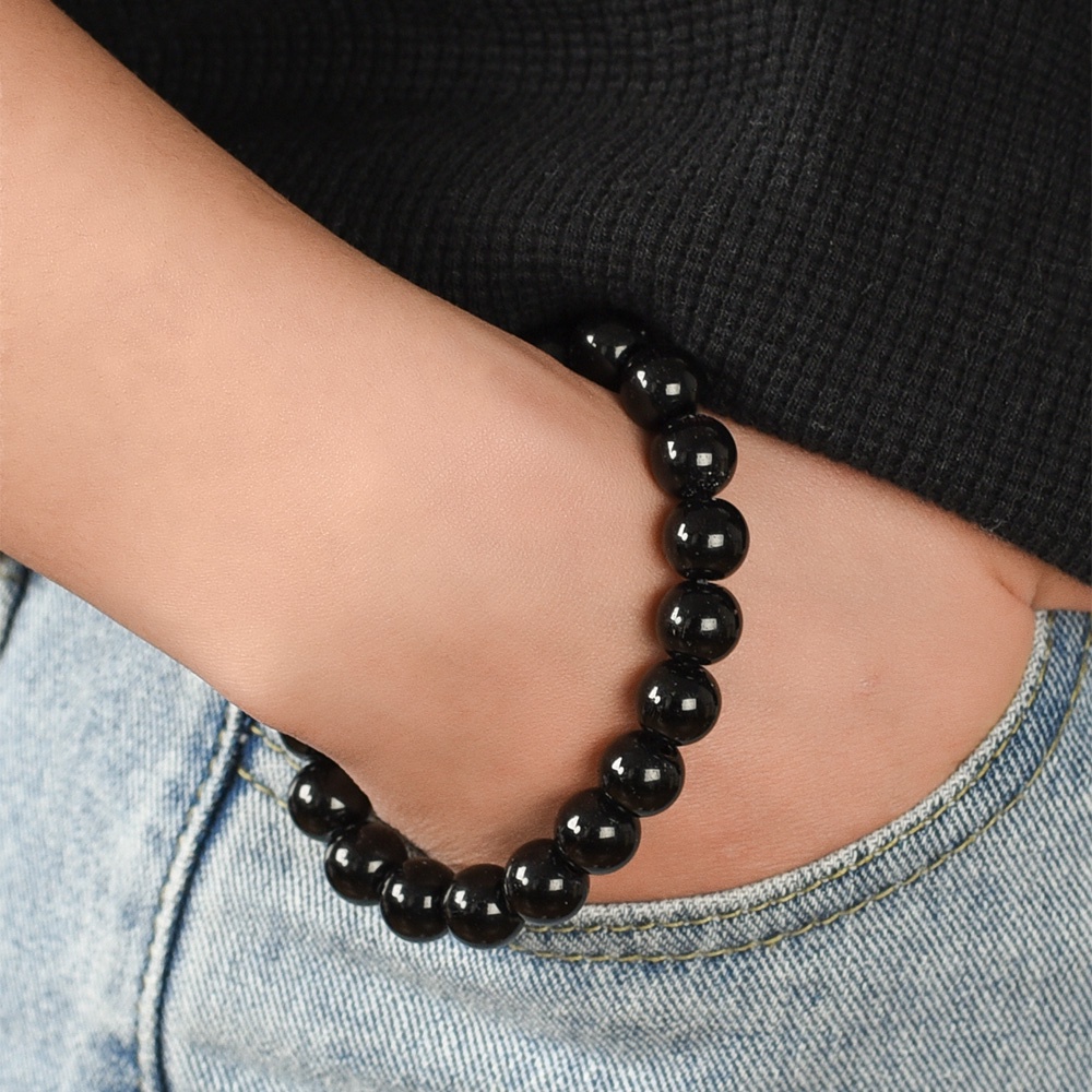 Gelang Manik-Manik Batu Obsidian Bulat Elastis Warna Hitam Untuk Pria / Wanita