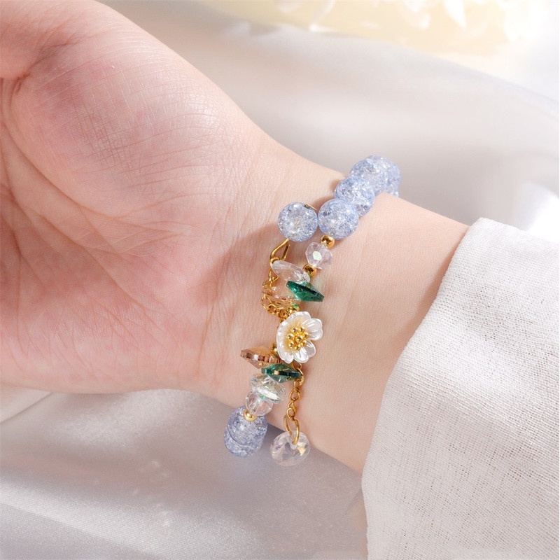 Gelang Bangle Elastis Hias Liontin Bunga Aster Kristal Gaya Korea Untuk Wanita