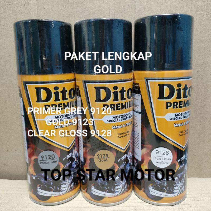 Pilok Paket Lengkap Cat Diton Premium Primer Grey 9120 Gold 9123 Clear Gloss 9128 400cc.. Pilok Paketan Gold Cat Semprot Diton Premium 400cc