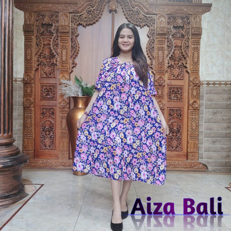 Dress Daster Kerut Nadira Motif Bunga Jasmine Rayon Super Korea Style Lengan Pendek Premium Bali Ter