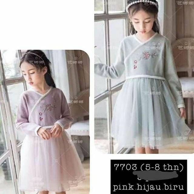 Dress kaos rajut kombinasi tile import untuk anak cewek perempuan